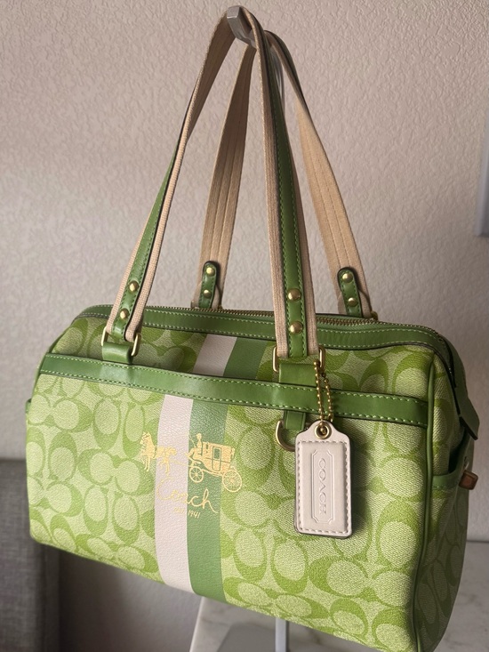 Coach Handbags - Coach Lime Green Signature Stripe Satchel with White Accents